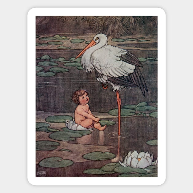 Baby and Stork Vintage Fairy Tale Illustration Sticker by softbluehum